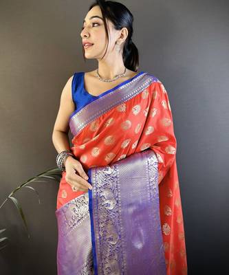 Red floral peacock zari woven katan silk blend saree with blouse 2