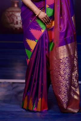 Purple temple border, zari work soft silk saree with blouse 4