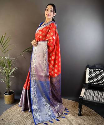 Red floral peacock zari woven katan silk blend saree with blouse 3