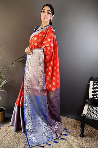 Red floral, peacock zari woven kanjivaram katan silk saree with blouse