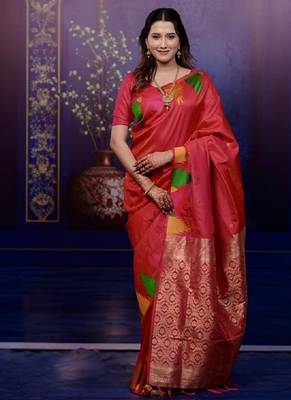 Red temple border, zari work soft silk saree with blouse 1