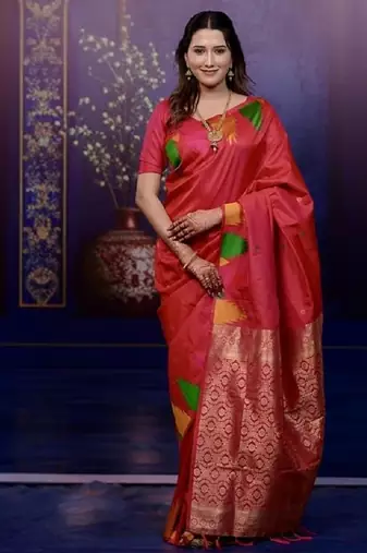 Red temple border, zari work soft silk saree with blouse