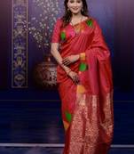 Red temple border, zari work soft silk saree with blouse