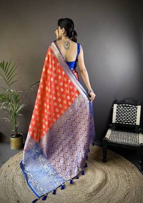 Red floral peacock zari woven katan silk blend saree with blouse 4