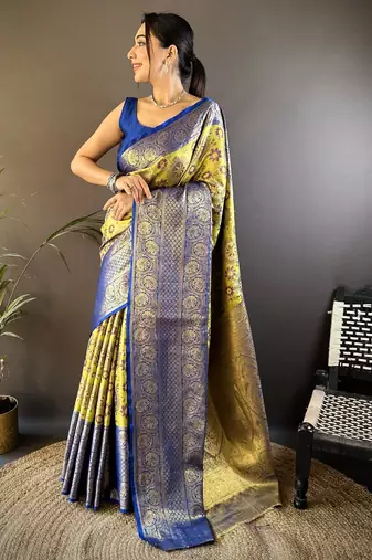 Green, blue floral, zari woven kanjivaram tissue silk saree with blouse