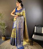 Green, blue floral, zari woven kanjivaram tissue silk saree with blouse