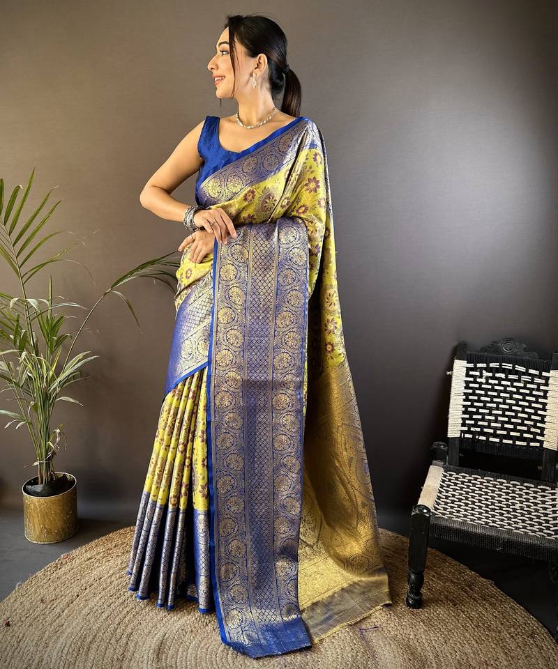 Green, blue floral, zari woven kanjivaram tissue silk saree with blouse