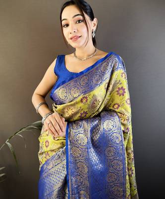 Green blue floral zari woven tissue silk blend saree with blouse 2