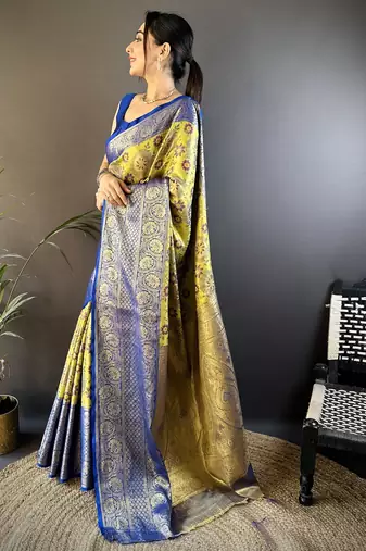 Green, blue floral, zari woven kanjivaram tissue silk saree with blouse