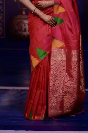 Red temple border, zari work soft silk saree with blouse