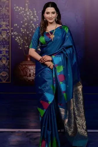 Teal blue temple border, zari work soft silk saree with blouse