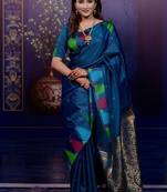 Teal blue temple border, zari work soft silk saree with blouse