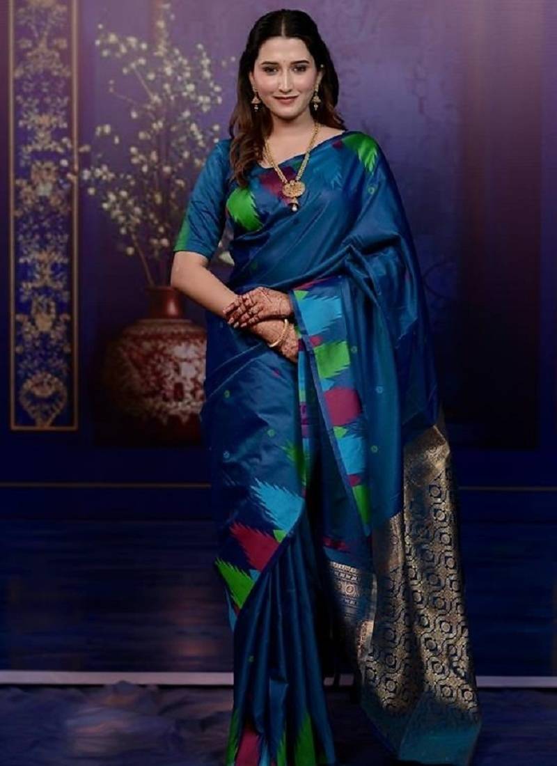 Teal blue temple border, zari work soft silk saree with blouse