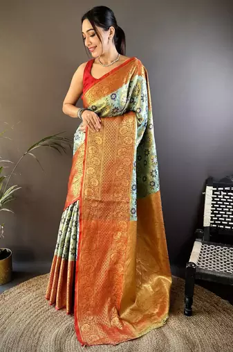 Green, red floral, zari woven kanjivaram tissue silk saree with blouse