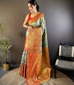 Green, red floral, zari woven kanjivaram tissue silk saree with blouse