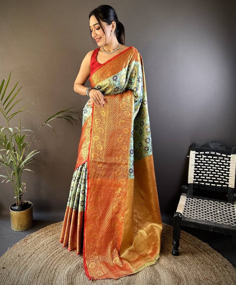 Green, red floral, zari woven kanjivaram tissue silk saree with blouse