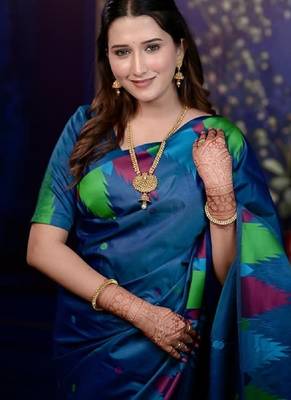 Teal blue temple border, zari work soft silk saree with blouse 2