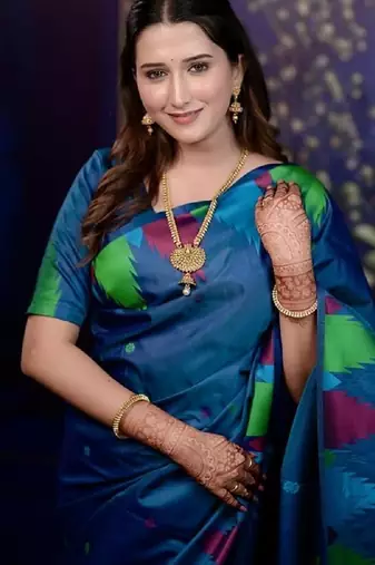 Teal blue temple border, zari work soft silk saree with blouse