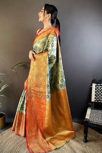 Green, red floral, zari woven kanjivaram tissue silk saree with blouse