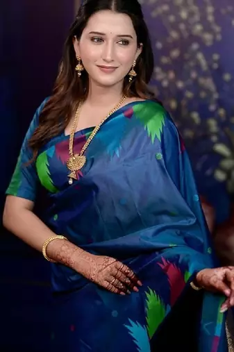 Teal blue temple border, zari work soft silk saree with blouse