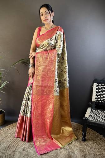 Off white, pink floral, zari woven kanjivaram tissue silk saree with blouse