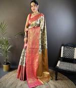 Off white, pink floral, zari woven kanjivaram tissue silk saree with blouse