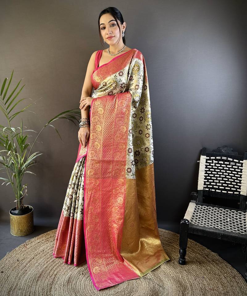 Off white, pink floral, zari woven kanjivaram tissue silk saree with blouse