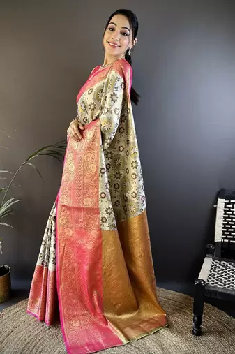 Off white, pink floral, zari woven kanjivaram tissue silk saree with blouse