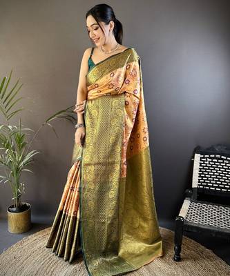 Peach green floral zari woven tissue silk blend saree with blouse 1