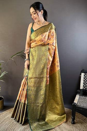 Peach, green floral, zari woven kanjivaram tissue silk saree with blouse