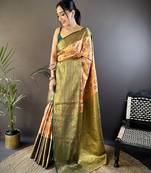 Peach, green floral, zari woven kanjivaram tissue silk saree with blouse