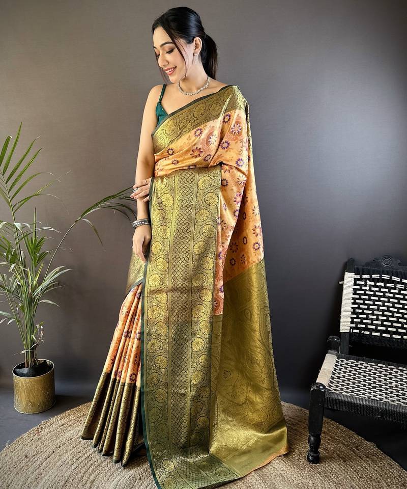 Peach, green floral, zari woven kanjivaram tissue silk saree with blouse