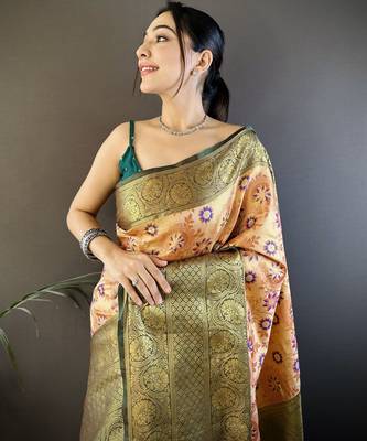 Peach green floral zari woven tissue silk blend saree with blouse 2