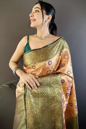 Peach, green floral, zari woven kanjivaram tissue silk saree with blouse