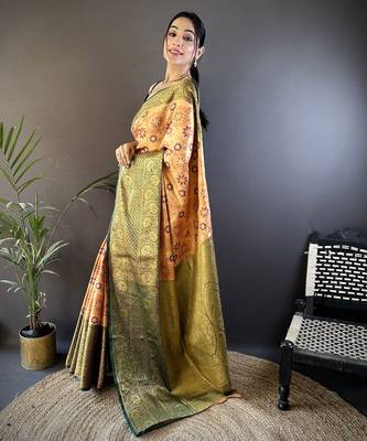 Peach green floral zari woven tissue silk blend saree with blouse 3