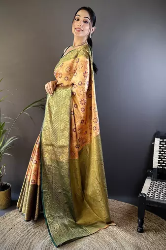 Peach, green floral, zari woven kanjivaram tissue silk saree with blouse