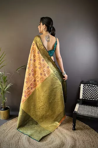 Peach, green floral, zari woven kanjivaram tissue silk saree with blouse