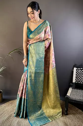 Peach, teal blue floral, zari woven kanjivaram tissue silk saree with blouse