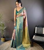 Peach, teal blue floral, zari woven kanjivaram tissue silk saree with blouse