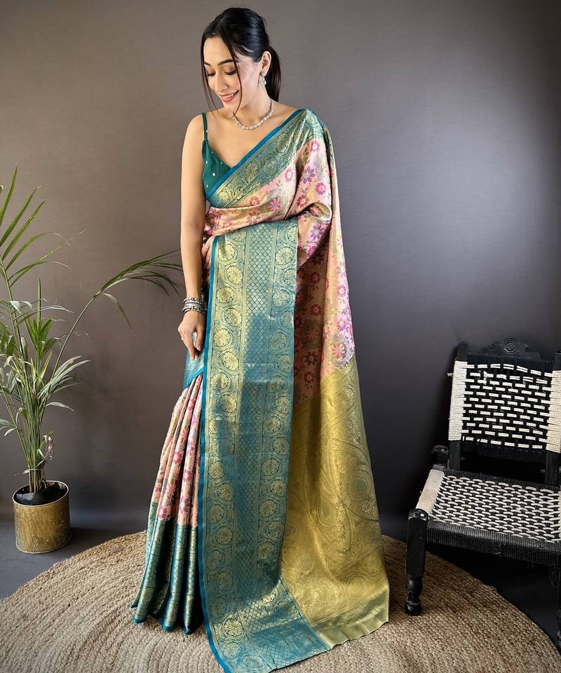 Peach, teal blue floral, zari woven kanjivaram tissue silk saree with blouse