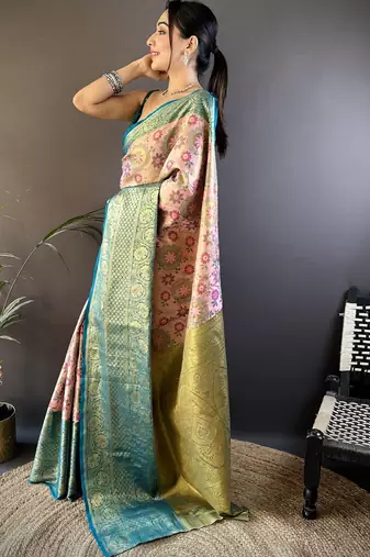 Peach, teal blue floral, zari woven kanjivaram tissue silk saree with blouse