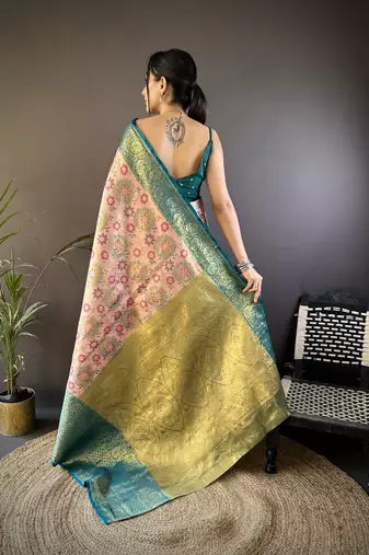 Peach, teal blue floral, zari woven kanjivaram tissue silk saree with blouse