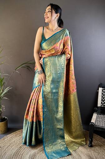 Pink, teal floral, zari woven kanjivaram tissue silk saree with blouse