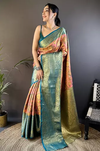 Pink, teal floral, zari woven kanjivaram tissue silk saree with blouse