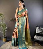 Pink, teal floral, zari woven kanjivaram tissue silk saree with blouse
