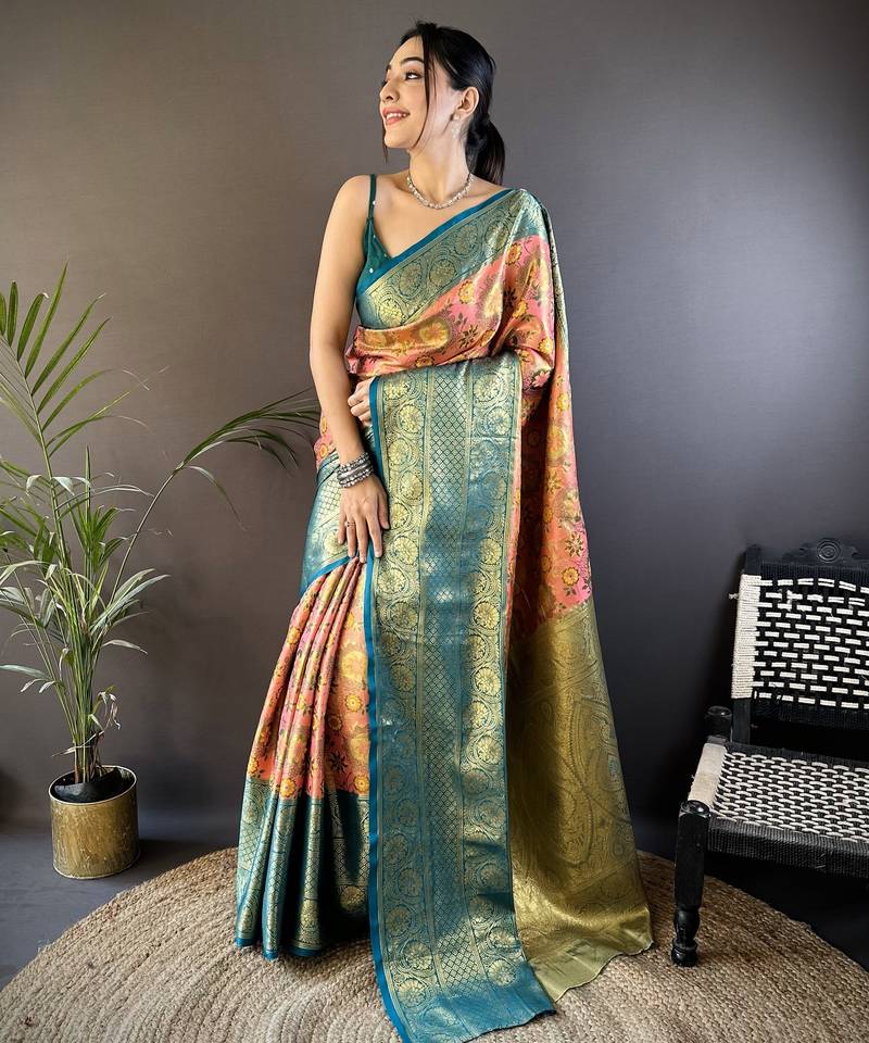 Pink, teal floral, zari woven kanjivaram tissue silk saree with blouse