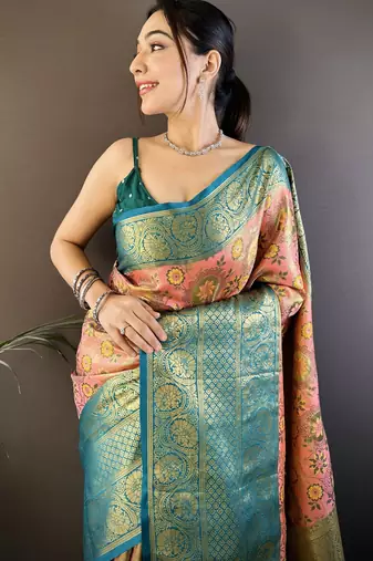 Pink, teal floral, zari woven kanjivaram tissue silk saree with blouse