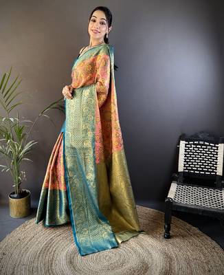 Pink teal floral zari woven tissue silk blend saree with blouse 3