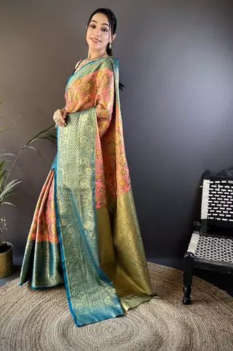 Pink, teal floral, zari woven kanjivaram tissue silk saree with blouse