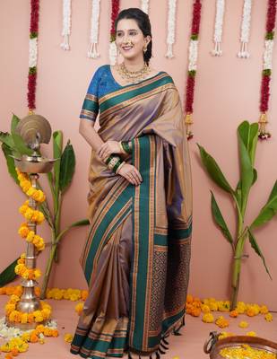 Beige floral, zari work soft silk saree with blouse 1